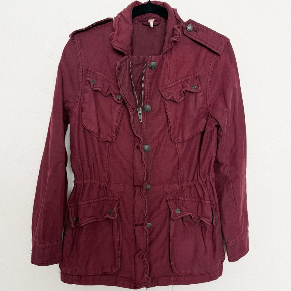 Free People Not Your Brother's Military Utility Cargo Jacket Burgundy Pocket XS
